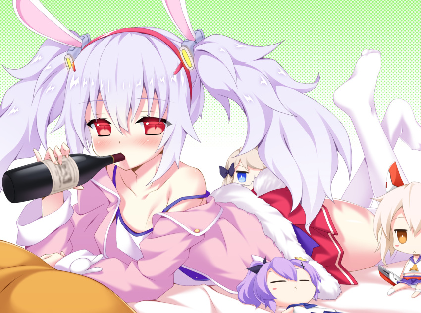 animal_ears ayanami_(azur_lane) azur_lane bangs bed_sheet blue_eyes bottle brown_eyes bunny_ears camisole character_doll collarbone commentary_request drinking eyebrows_visible_through_hair fur-trimmed_jacket fur_trim hair_between_eyes hair_ornament hairband halftone halftone_background headgear highres holding holding_bottle jacket javelin_(azur_lane) laffey_(azur_lane) legs_up light_brown_hair long_hair long_sleeves lying no_shoes off_shoulder on_stomach open_clothes open_jacket pillow pink_jacket pleated_skirt purple_hair red_eyes red_hairband red_skirt revision silver_hair skirt soles solo strap_slip taira_takehiro thighhighs twintails very_long_hair white_camisole white_legwear z23_(azur_lane)