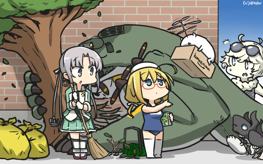 3girls ahoge akitsushima_(kantai_collection) amazon_(company) anchor blonde_hair brand_name_imitation brick_wall commentary_request dated enemy_lifebuoy_(kantai_collection) eyewear_on_head full_body glasses green_eyes green_skirt grey_hair hair_ornament hair_ribbon hamu_koutarou hat highres i-8_(kantai_collection) kantai_collection long_hair low_twintails military military_uniform mini_hat multiple_girls name_tag nishikitaitei-chan one-piece_swimsuit peaked_cap pleated_skirt propeller pt_imp_group purple_eyes red-framed_eyewear ribbon school_swimsuit semi-rimless_eyewear side_ponytail sidelocks skirt standing sunglasses supply_depot_hime swimsuit thighhighs trash_bag tree twintails under-rim_eyewear uniform white_legwear