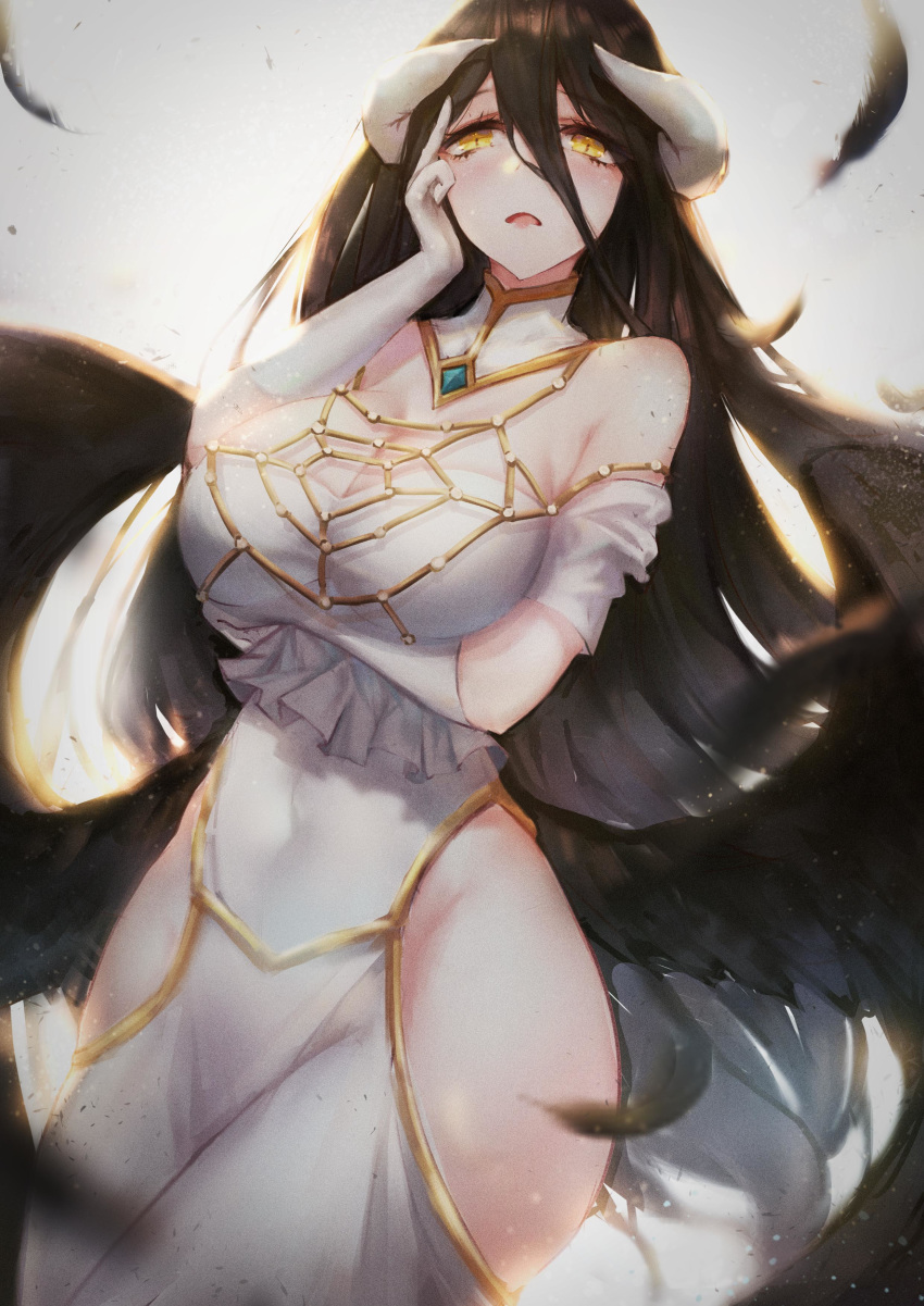 absurdres albedo black_hair breasts cleavage highres hip_vent horns large_breasts long_hair overlord_(maruyama) wings xing yellow_eyes