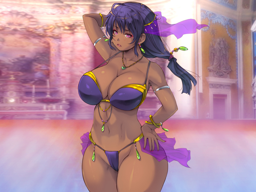 1girl ahoge arm_up armpits bare_shoulders bikini blurry blurry_background breasts cleavage cowboy_shot dark_skin groin hand_on_hip highres large_breasts legs legs_together long_hair looking_at_viewer lots_of_jewelry low-tied_long_hair makeup nail_polish navel original parted_lips pink_eyes purple_hair red_nails solo standing swimsuit thick_thighs thighs thong veil yakuza_yuusha_wo_maneite_shimatta_machi yoko_juusuke