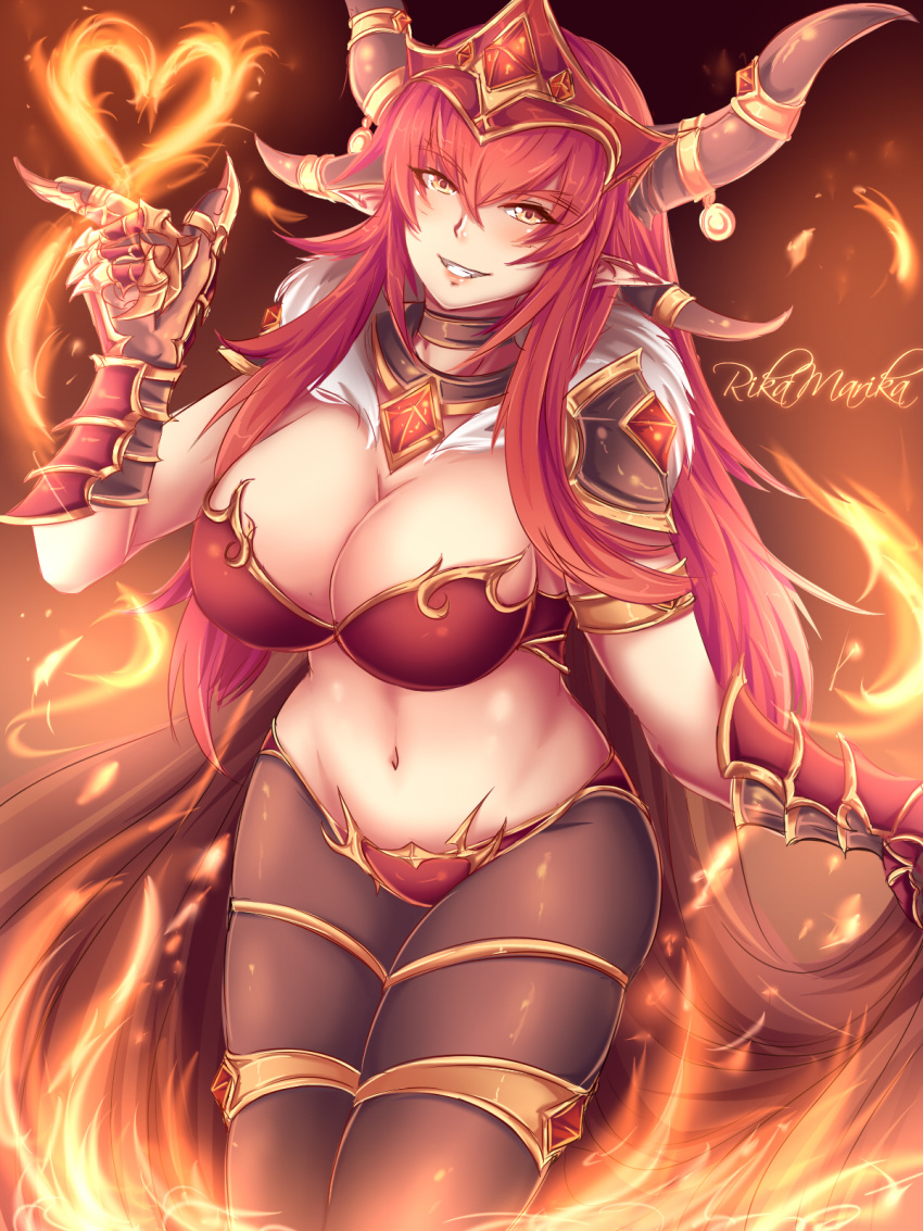 :d alexstrasza armband armor artist_name bangs bikini_armor breasts brown_cape brown_choker cape chest_jewel choker cleavage eyebrows_visible_through_hair fangs fire fur-trimmed_cape fur_trim gauntlets hair_between_eyes hand_up head_tilt headgear heroes_of_the_storm highres horns huge_breasts jewelry long_hair looking_at_viewer midriff navel open_mouth outstretched_hand pantyhose pauldrons pointy_ears red_hair revealing_clothes rikamarika shoulder_armor sidelocks signature simple_background smile teeth thick_eyebrows warcraft world_of_warcraft yellow_eyes