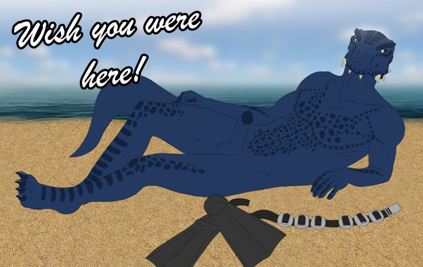 2018 abs anthro argonian ariesartist balls beach blue_scales casual_nudity erection horn humanoid_penis invalid_tag lying male muscular muscular_male nude outside penis scales scalie seaside solo the_elder_scrolls tristen video_games