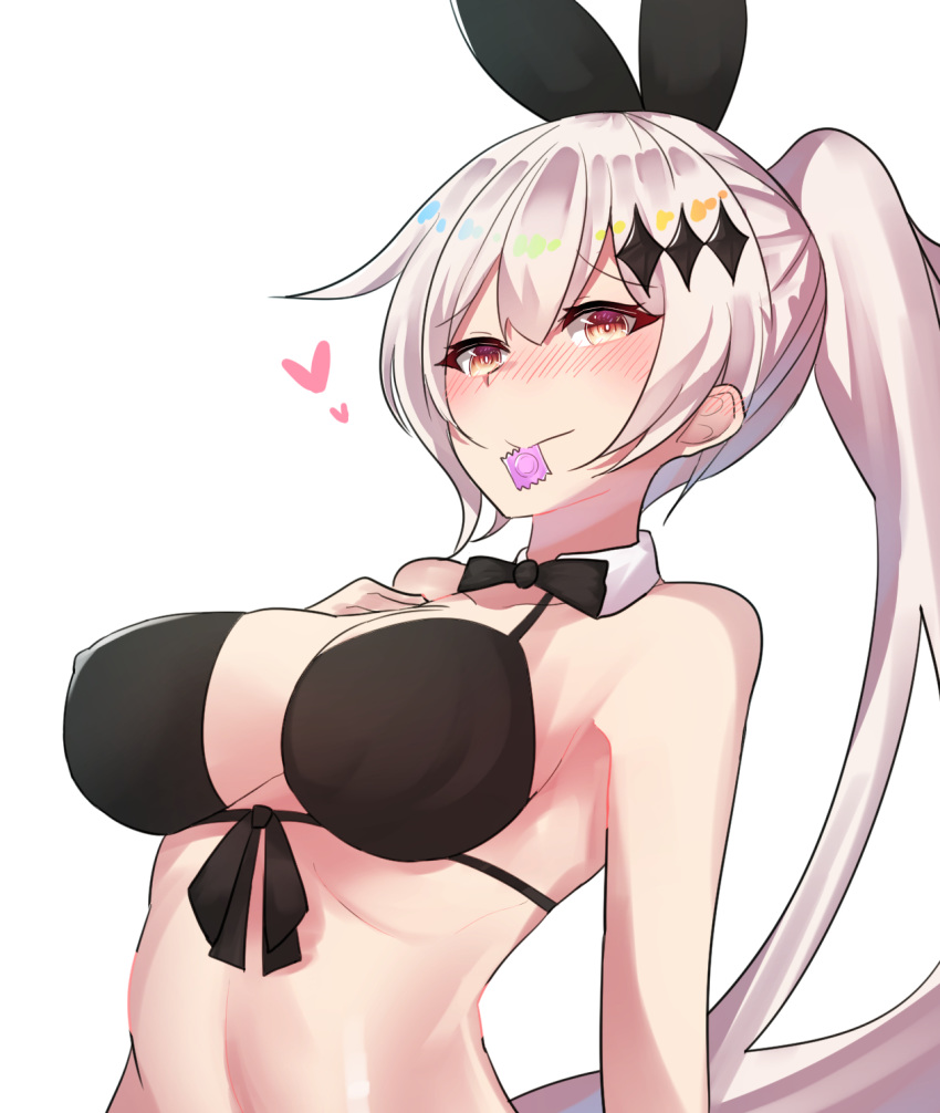 bangs bare_shoulders bikini black_bikini black_ribbon blush bow breast_suppress breasts brown_eyes cleavage closed_mouth collarbone condom condom_in_mouth detached_collar eyebrows_visible_through_hair five-seven_(girls_frontline) flying_heart girls_frontline hair_between_eyes hair_ornament hair_ribbon halter_top halterneck highres jewelry large_breasts long_hair looking_at_viewer meow_nyang mouth_hold ponytail ribbon sidelocks silver_hair simple_background smile solo swimsuit upper_body very_long_hair