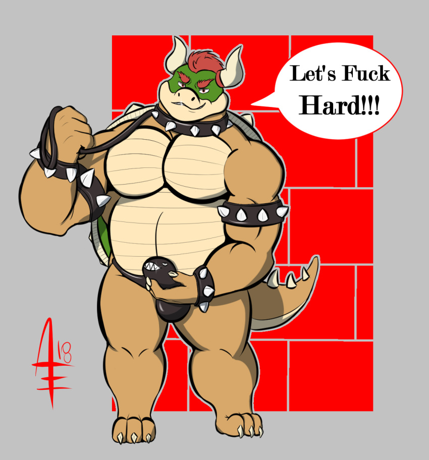 2018 aereous animal_humanoid anthro barazoku bdsm belly biceps bondage bound bowser bulge collar digital_media_(artwork) domination english_text erection hair hi_res horn humanoid koopa male male_domination mario_bros muscular muscular_male nintendo pecs scalie simple_background slightly_chubby smile solo spiked_collar spikes submissive submissive_male text thick_thighs video_games