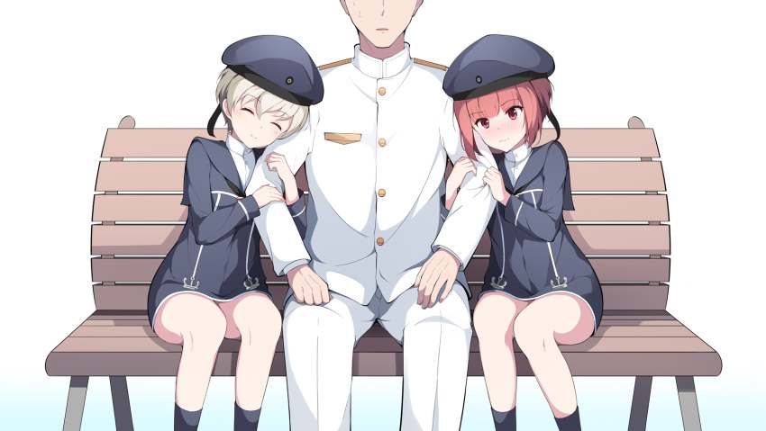 2girls admiral_(kantai_collection) arm_hug bench blush brown_eyes brown_hair closed_eyes double_arm_hug dress girl_sandwich highres kagami_(galgamesion) kantai_collection military military_uniform multiple_girls naval_uniform sailor_collar sailor_dress sandwiched short_hair silver_hair simple_background sitting smile sweatdrop uniform white_background z1_leberecht_maass_(kantai_collection) z3_max_schultz_(kantai_collection)