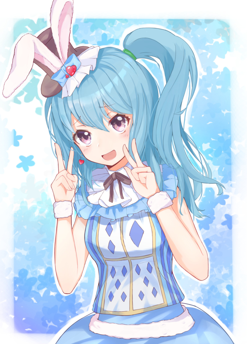 :d animal_ears bang_dream! bangs black_neckwear blue_bow blue_dress blue_hair blush bow bunny_ears dress earrings eyebrows_visible_through_hair fake_animal_ears frills hair_tie hands_up hat hat_bow hat_ornament heart heart_earrings highres jewelry long_hair looking_at_viewer matsubara_kanon neck_ribbon one_side_up open_mouth playing_card_print purple_eyes ribbon smile solo takeyashi_(user_dnne7725) v w wristband