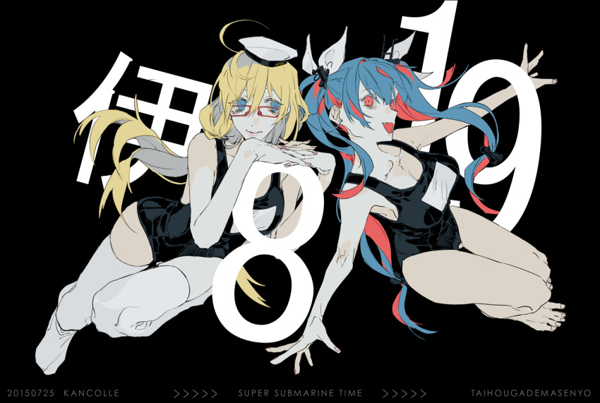 ahoge bangs bare_legs bare_shoulders barefoot blonde_hair blue_eyes blue_hair breasts feet fingernails full_body glasses hair_ribbon hat high_contrast i-19_(kantai_collection) i-8_(kantai_collection) kantai_collection long_hair looking_at_viewer low_twintails multicolored_hair multiple_girls mzet one-piece_swimsuit open_mouth red-framed_eyewear red_eyes red_hair ribbon sailor_hat school_swimsuit smile star star-shaped_pupils swimsuit symbol-shaped_pupils thighhighs twintails two-tone_hair white_legwear