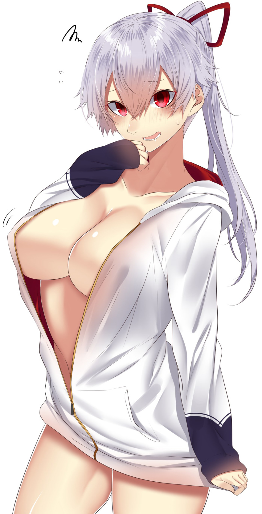 absurdres bangs blush breasts cleavage collarbone commentary_request covered_nipples eyebrows_visible_through_hair fate/grand_order fate_(series) flying_sweatdrops hair_between_eyes hair_ribbon highres hood hoodie hoodie_tug large_breasts long_hair long_sleeves looking_at_viewer naked_hoodie no_bra onineko-chan open_mouth partially_unzipped ponytail red_eyes ribbon shiny shiny_skin silver_hair solo squiggle thighs tomoe_gozen_(fate/grand_order) very_long_hair white_hoodie