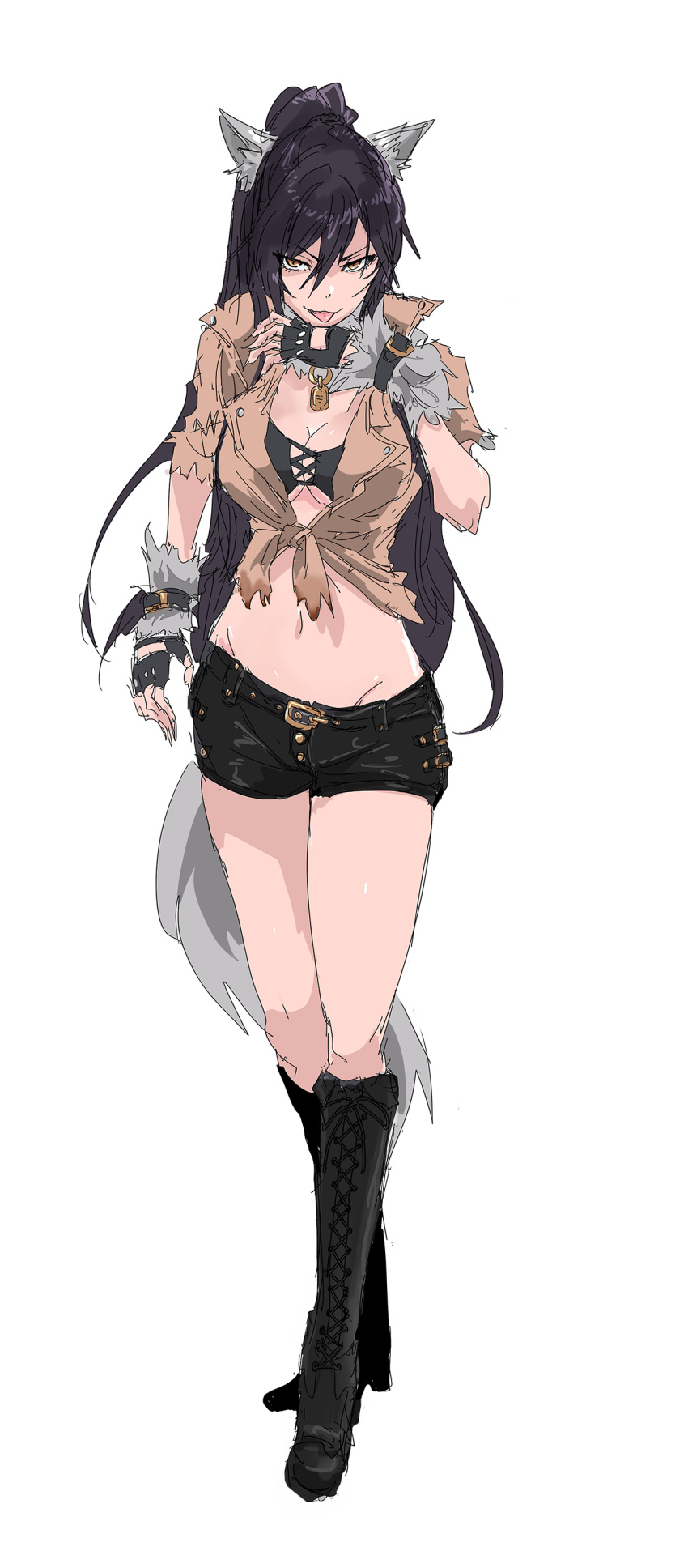 absurdres animal_ears black_hair boots fingerless_gloves gloves high_ponytail highres idolmaster idolmaster_shiny_colors looking_at_viewer midriff navel shirase_sakuya shirt shorts sketch tail tied_shirt tongue tongue_out wolf_ears wolf_girl wolf_tail zonbaio