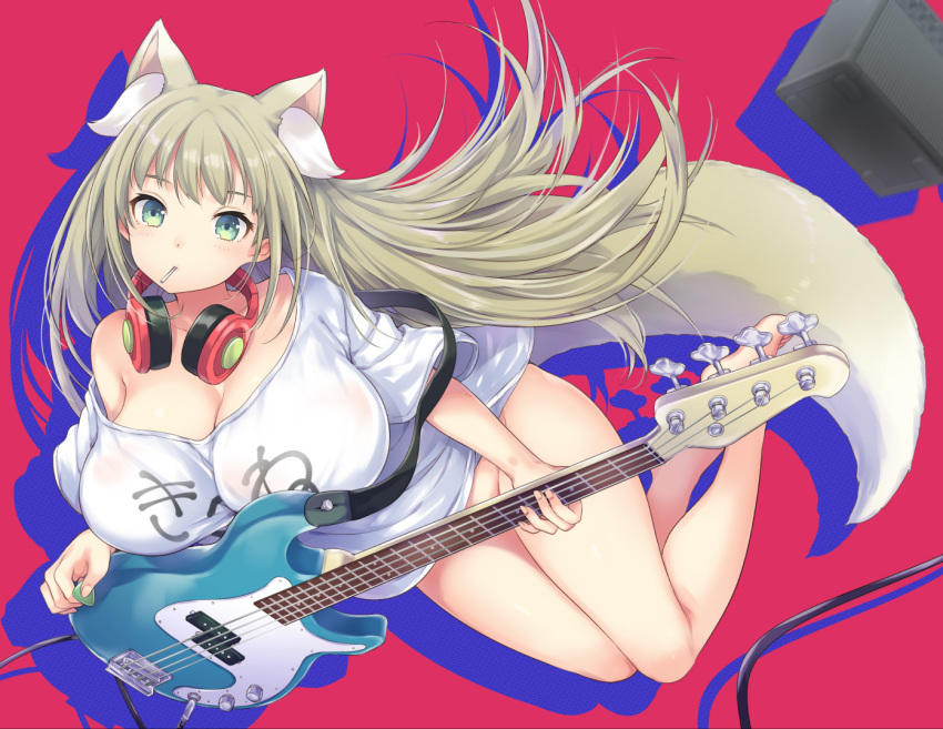 animal_ear_fluff animal_ears bangs barefoot bass_guitar blonde_hair blush bottomless breasts cleavage clothes_writing convenient_censoring extra_ears fox_ears fox_tail full_body green_eyes headphones headphones_around_neck huge_breasts instrument long_hair looking_at_viewer miyano_ururu naked_shirt no_panties original plectrum shirt solo tail translated white_shirt