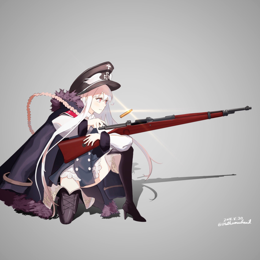 boots casing_ejection commentary dated full_body fur-trimmed_jacket fur_trim girls_frontline grey_background gun hat high_heels highres iron_cross jacket jacket_on_shoulders kar98k_(girls_frontline) long_hair long_sleeves masamune_(mathumbnail) mauser_98 one_knee peaked_cap red_eyes shadow shell_casing thigh_boots thighhighs twitter_username weapon white_hair