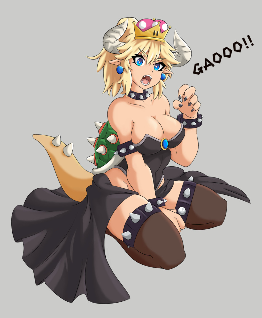 1girl bare_shoulders bishop_(artist) black_dress blonde_hair blue_eyes blush bowsette bracelet breasts cleavage collar crown dress earrings fangs horns jewelry large_breasts legs long_hair looking_at_viewer mario_(series) nail_polish new_super_mario_bros._u_deluxe nintendo open_mouth pointy_ears ponytail sharp_teeth sitting solo spiked_bracelet spiked_collar spikes super_crown super_mario_bros. teeth thighhighs