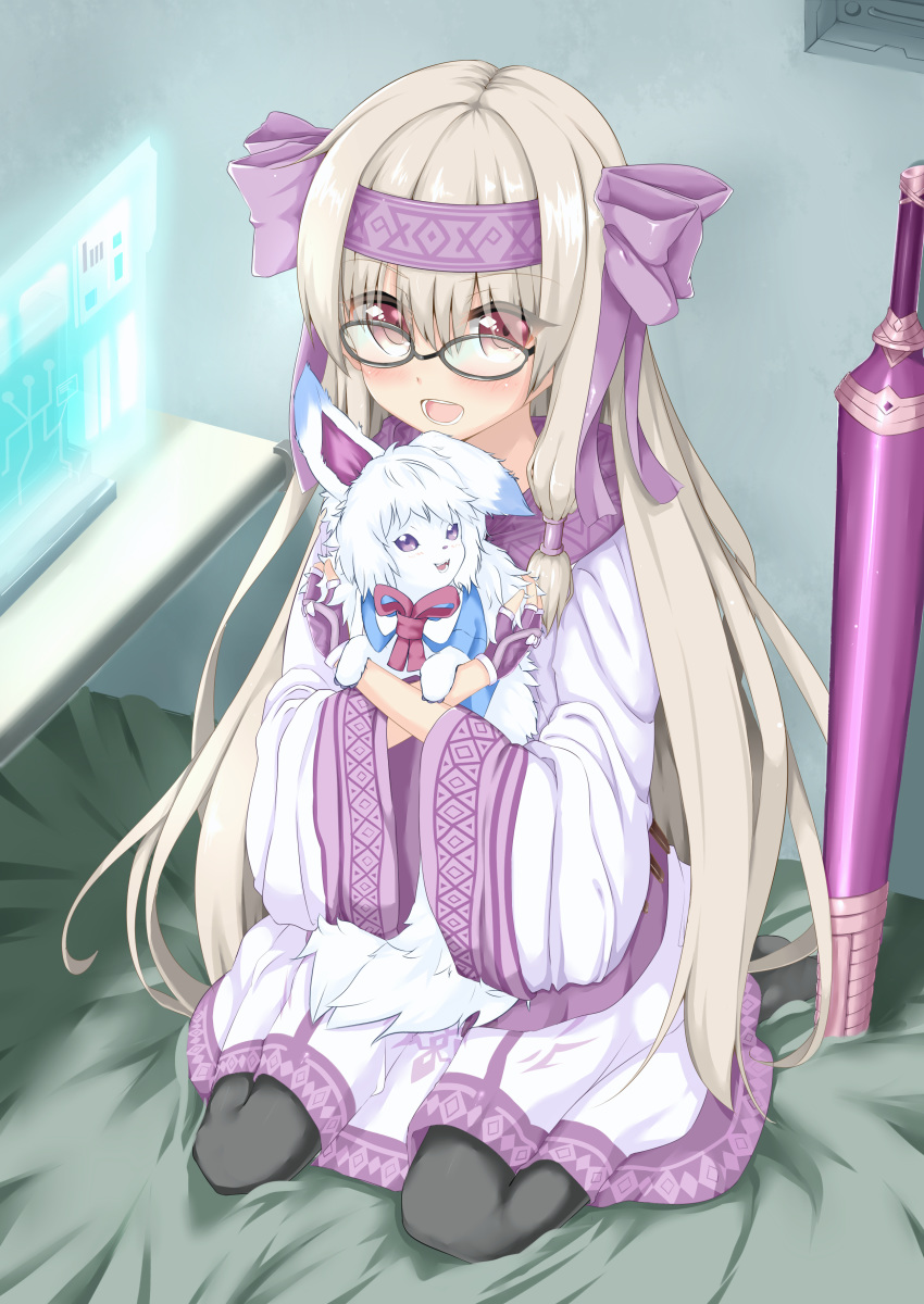 absurdres ainu_clothes animal bangs bed bed_sheet blonde_hair borumete bow creature familiar fate/grand_order fate_(series) fingerless_gloves fou_(fate/grand_order) glasses gloves hair_bow hair_ribbon hairband highres illyasviel_von_einzbern long_hair looking_at_viewer purple_gloves red_eyes ribbon scarf screen sheath sheathed sitonai smile sword touchscreen twintails weapon