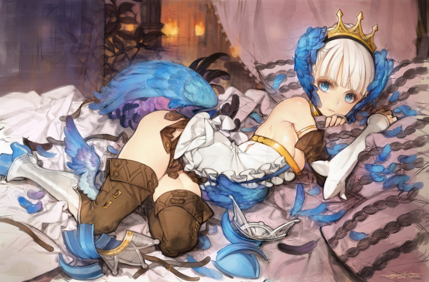 armlet armor armor_removed armored_dress bare_shoulders bed belt blue_eyes boots breasts canopy_bed choker cleavage commentary_request crown curtains dated dress elbow_gloves feathers gloves greaves gwendolyn highres looking_at_viewer lying medium_breasts multicolored multicolored_wings odin_sphere on_side ooyari_ashito parted_lips pillow short_hair signature solo strapless strapless_dress thigh_boots thighhighs white_hair wings