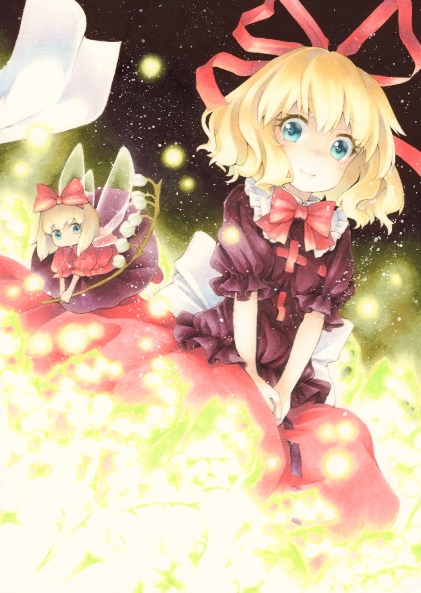 blonde_hair blue_eyes eyelashes fairy_wings field fireflies flower flower_field funnyfunny glowing highres huge_bow lily_of_the_valley looking_at_viewer medicine_melancholy multiple_girls no_mouth puffy_short_sleeves puffy_sleeves red_ribbon red_skirt ribbon short_hair short_sleeves sitting skirt smile su-san touhou traditional_media wings