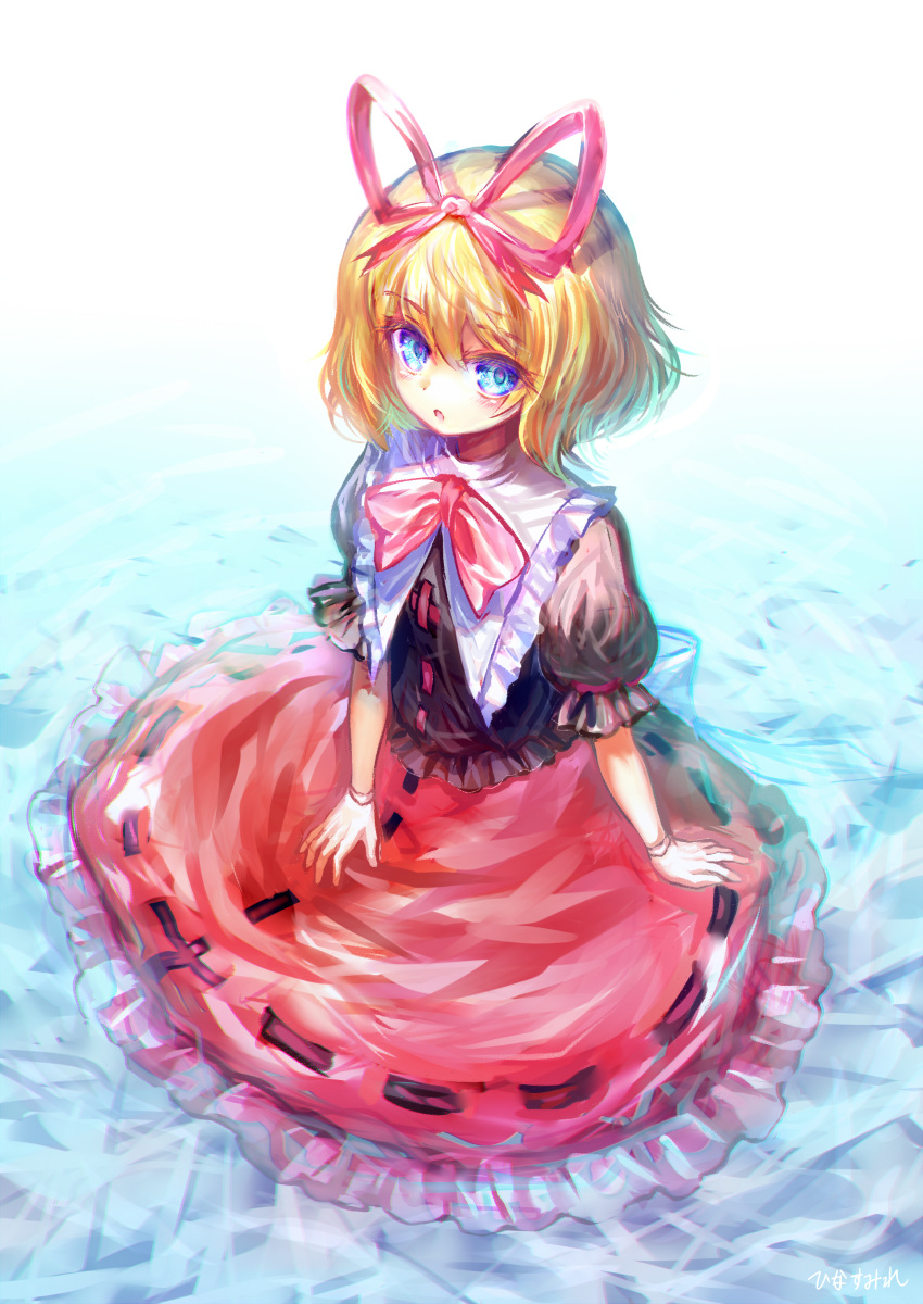 absurdres blonde_hair blue_eyes blush bubble_skirt colored_eyelashes doll doll_joints frilled_skirt frills from_above highres hinasumire huge_bow looking_to_the_side medicine_melancholy neck_ribbon open_mouth puffy_short_sleeves puffy_sleeves red_ribbon red_skirt ribbon short_hair short_sleeves skirt touhou water wet wet_clothes wet_skirt