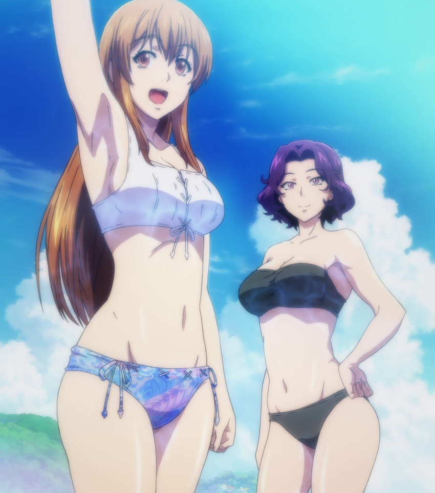 2girls :d arm arm_at_side arm_up armpits bangs bare_arms bare_legs bare_shoulders bikini black_bikini black_swimsuit breasts brown_eyes brown_hair c: character_request cleavage clenched_hand closed_mouth cloud collarbone day female from_below grand_blue hair_between_eyes hamaoka_azusa hand_on_hip happy large_breasts legs long_hair looking_at_viewer midriff multiple_girls navel neck open_mouth outdoors parted_bangs purple_eyes purple_hair round_teeth screencap short_hair sidelocks sky smile standing strapless strapless_bikini strapless_swimsuit swimsuit teeth upper_teeth white_bikini white_swimsuit