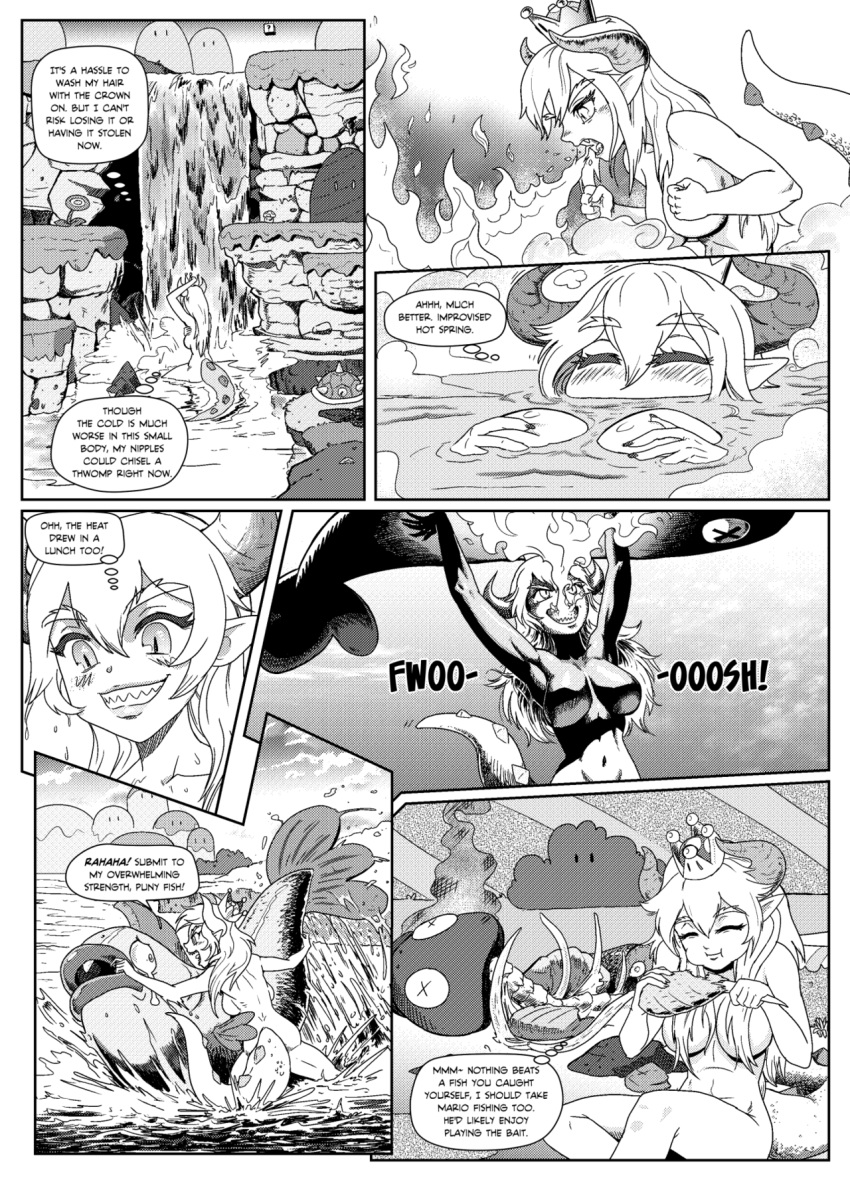 back bangs bathing blush bowsette breasts breathing_fire cheep_cheep closed_eyes comic commentary convenient_censoring dress dress_removed eating english english_commentary eyebrows_visible_through_hair fire fish greyscale hair_between_eyes hair_censor highres horns large_breasts left-to-right_manga lifting light_censor lips long_hair looking_at_another mario_(series) monochrome nail navel new_super_mario_bros._u_deluxe nose_blush onsen outdoors pencils_(artist) pointy_ears sharp_teeth shell_removed slit_pupils solo sound_effects spiked_tail steam steam_censor super_crown tail tail_censor tearing_up teeth upper_body very_long_hair water waterfall x_x