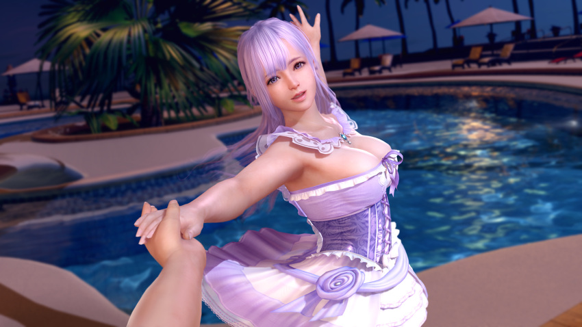 1girl 3d breasts cleavage dead_or_alive dead_or_alive_extreme:_venus_vacation fiona_(doa) large_breasts long_hair official_art purple_eyes purple_hair tagme