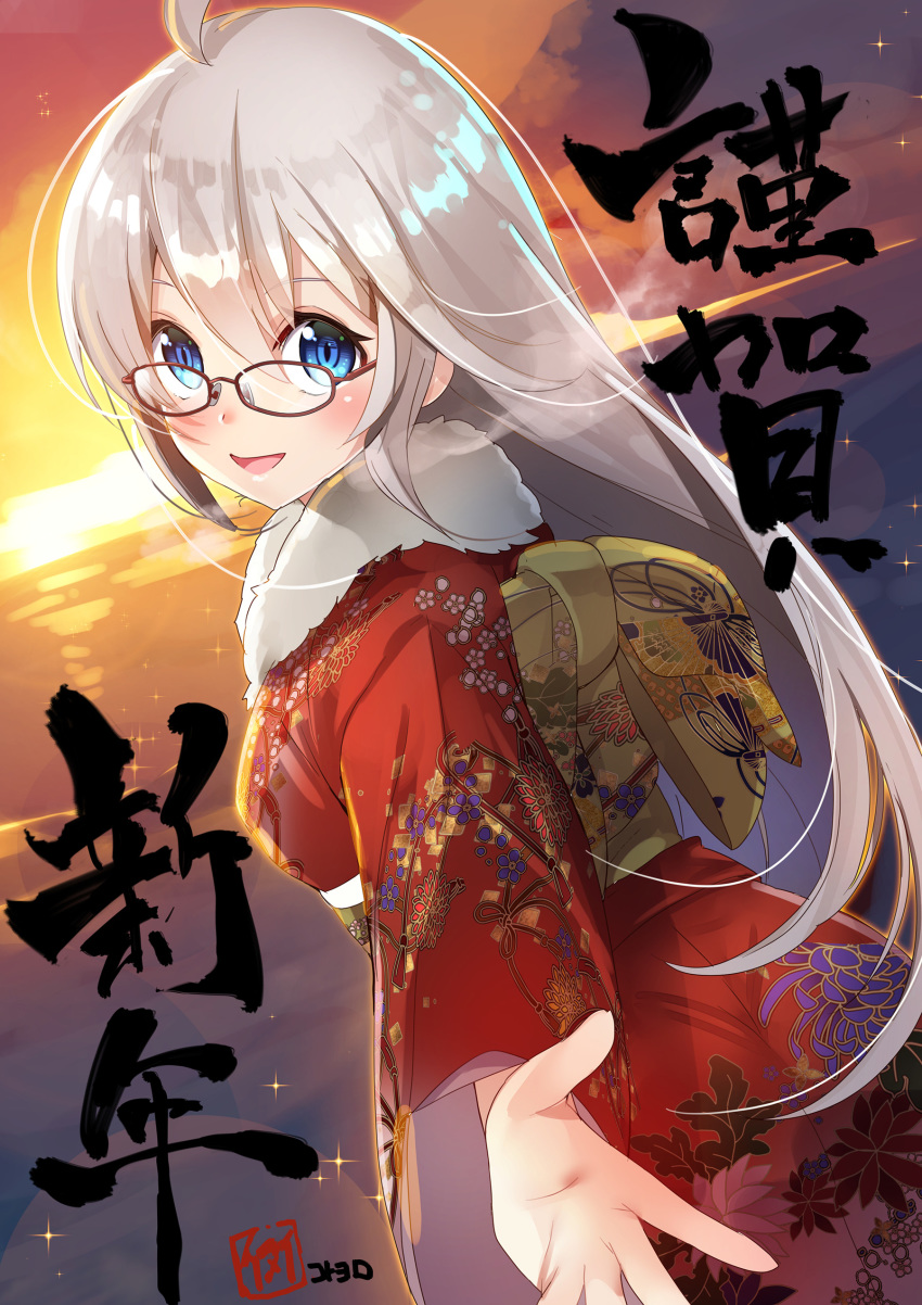 1girl :d absurdres ahoge backlighting bangs blue_eyes blush breasts brown-framed_eyewear commentary_request dutch_angle evening floral_print fur_collar glasses glint hair_between_eyes happy_new_year highres japanese_clothes kimono long_hair long_sleeves looking_at_viewer new_year obi open_mouth original outdoors outstretched_hand print_kimono red_kimono sanpaku sash sidelocks silver_hair small_breasts smile solo sunset wide_sleeves yamacchi