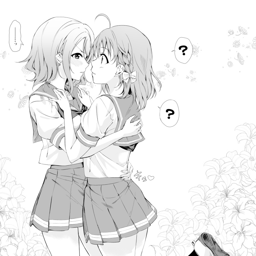 2girls ? ahoge bow braid breasts commentary_request cowboy_shot earrings eye_contact eyebrows_visible_through_hair floral_background flower from_side greyscale hair_bow hands_on_another's_shoulders heart highres hug jewelry leg_up lily_(flower) looking_at_another love_live! love_live!_sunshine!! medium_breasts miniskirt monochrome multiple_girls neckerchief pleated_skirt profile sailor_collar school_uniform serafuku shoes short_hair short_sleeves side_braid skirt spoken_ellipsis spoken_question_mark standing standing_on_one_leg takami_chika translation_request uranohoshi_school_uniform uwabaki v-shaped_eyebrows watanabe_you yuri yuuki_(nijiiro_palette)