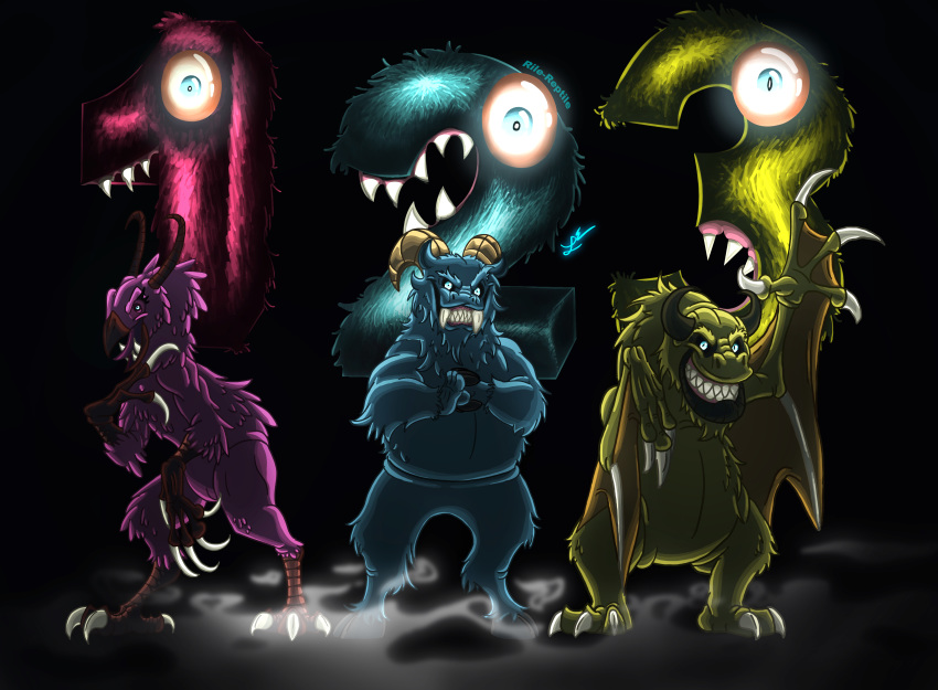 1_2_3_slaughter_me_street avian bird blue_eyes caprine claws creepy dragon fangs female fog fur glowing glowing_eyes goat male mammal numbers pink_fur puppet rile-reptile the_follower the_greeter the_waiter wings yellow_fur