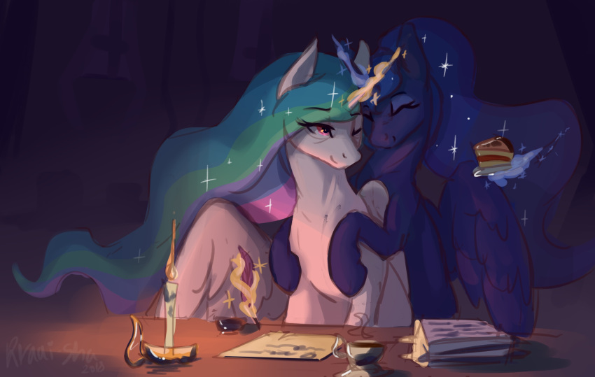 2018 blue_fur book cake candle dark_room equine eyes_closed feathers female fire food friendship_is_magic fur hair hooves horn kraaishaa loose_feather magic mammal my_little_pony one_eye_closed paper princess_celestia_(mlp) princess_luna_(mlp) quill sibling sisters white_fur window winged_unicorn wings
