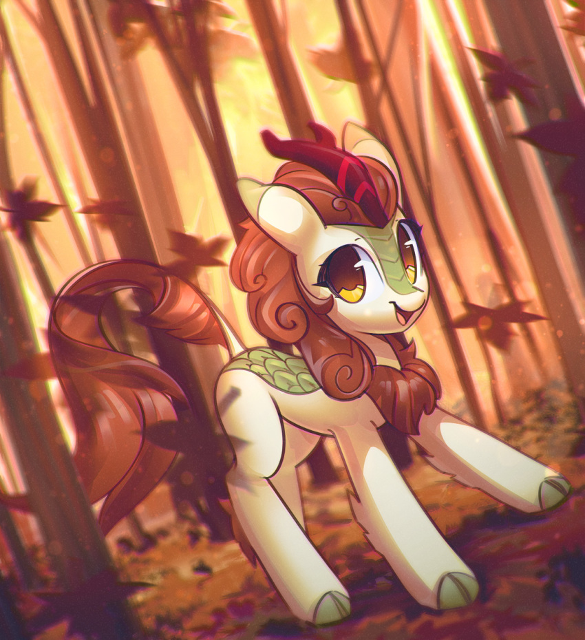 2018 autumn_blaze_(mlp) equine facial_scales female feral forest friendship_is_magic green_scales kirin looking_at_viewer mammal mirroredsea my_little_pony open_mouth open_smile outside scales scalie smile solo tree