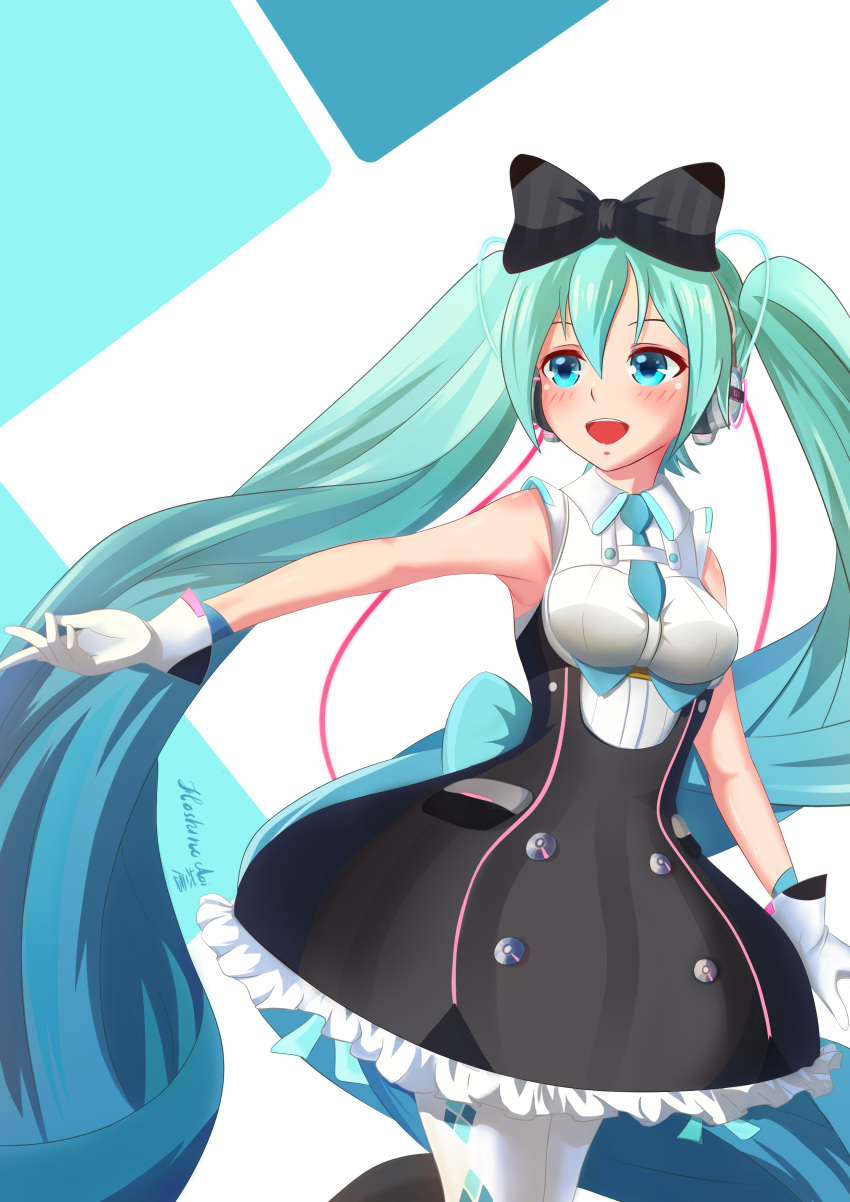 absurdres aqua_eyes aqua_hair blue_eyes blush bow commentary green_hair hatsune_miku headphones headset highres hoshino_aoi_(la_huynh_hai_than) long_hair open_mouth ribbon skirt smile solo standing twintails very_long_hair vocaloid