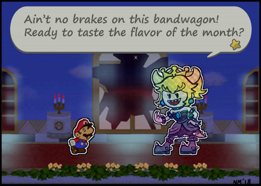 black_eyes blonde_hair bowser bowsette_meme ear_piercing english_text fangs female hair hat male mario mario_bros nintendo nuclearmime o_o paper paper_mario piercing scalie sparkle speech_bubble star super_crown text video_games