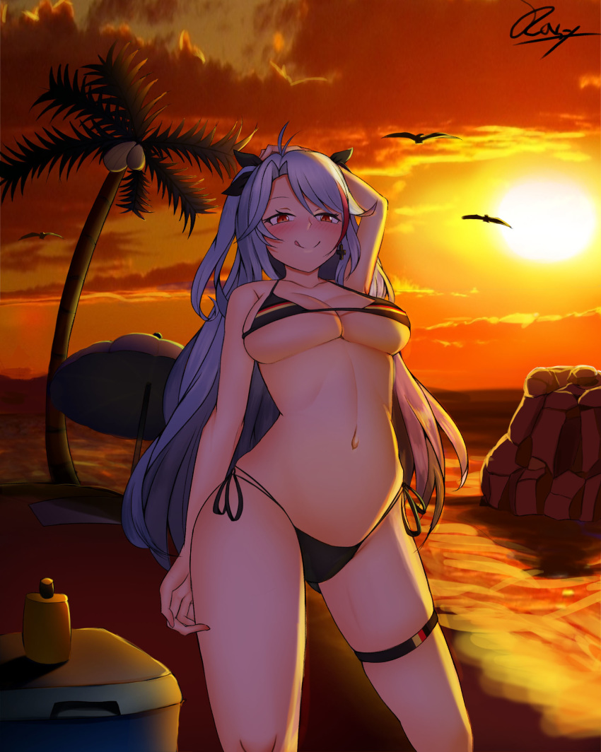 azur_lane bikini bird black_bikini blush breasts cleavage coconut coconut_tree commentary_request contrapposto cowboy_shot earrings from_below highres jewelry licking_lips long_hair looking_at_viewer navel ocean palm_tree parasol prinz_eugen_(azur_lane) red_eyes seagull side-tie_bikini solo sunset swimsuit tongue tongue_out tree umbrella urarasy very_long_hair white_hair