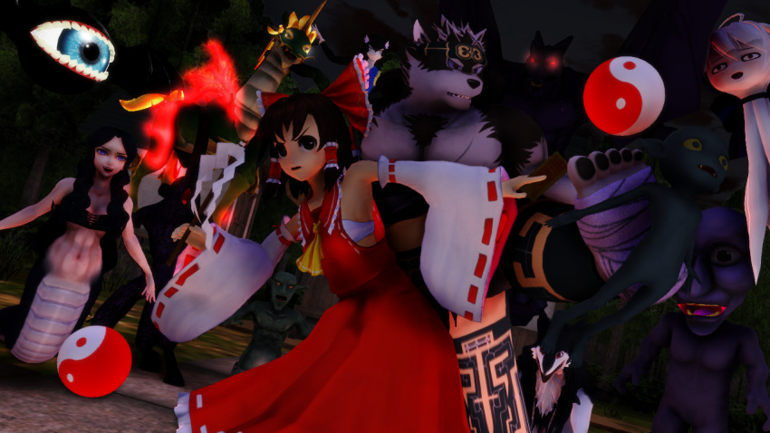 2018 3d_(artwork) ambiguous_gender anthro ao_oni balls battle bow breasts brown_hair canine claws clothing crossover digital_media_(artwork) dragon female feral fur glowing glowing_eyes goblin group hair hair_ribbon hakama haori horkeukamui human humanoid japanese_clothing kick lamia looking_at_viewer male malicekira mammal miko miko_outfit moblin monster monster_girl_(genre) multicolored_fur muscular muscular_male oni open_mouth reimu_hakurei reptile ribbons scales scalie sergal smile snake snake_humanoid tokyo_afterschool_summoners tongue touhou white_fur wings wolf youkai