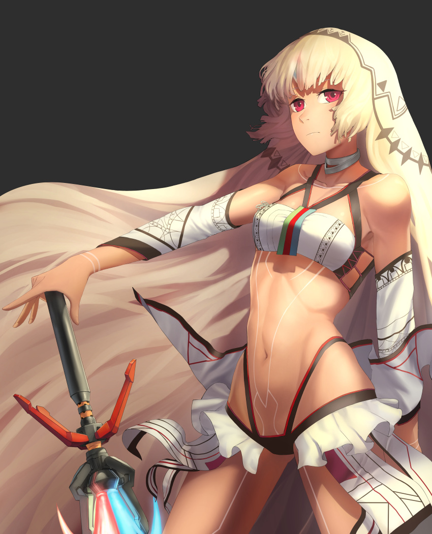 absurdres altera_(fate) bangs bare_shoulders black_background blunt_bangs breasts choker closed_mouth collarbone commentary_request dark_skin detached_sleeves expressionless fate/grand_order fate_(series) fingernails full_body_tattoo headdress highres hips holding holding_sword holding_weapon jdw jewelry legs midriff navel photon_ray red_eyes revealing_clothes showgirl_skirt simple_background skirt small_breasts solo standing stomach stomach_tattoo sword tattoo thighs veil weapon white_hair white_skirt