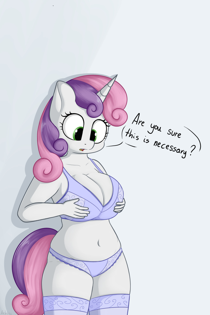 andelai anthro belly big_breasts bra breasts clothing digital_media_(artwork) equine female friendship_is_magic horn legwear lingerie mammal my_little_pony navel open_mouth panties simple_background solo stockings sweetie_belle_(mlp) thigh_highs underwear unicorn