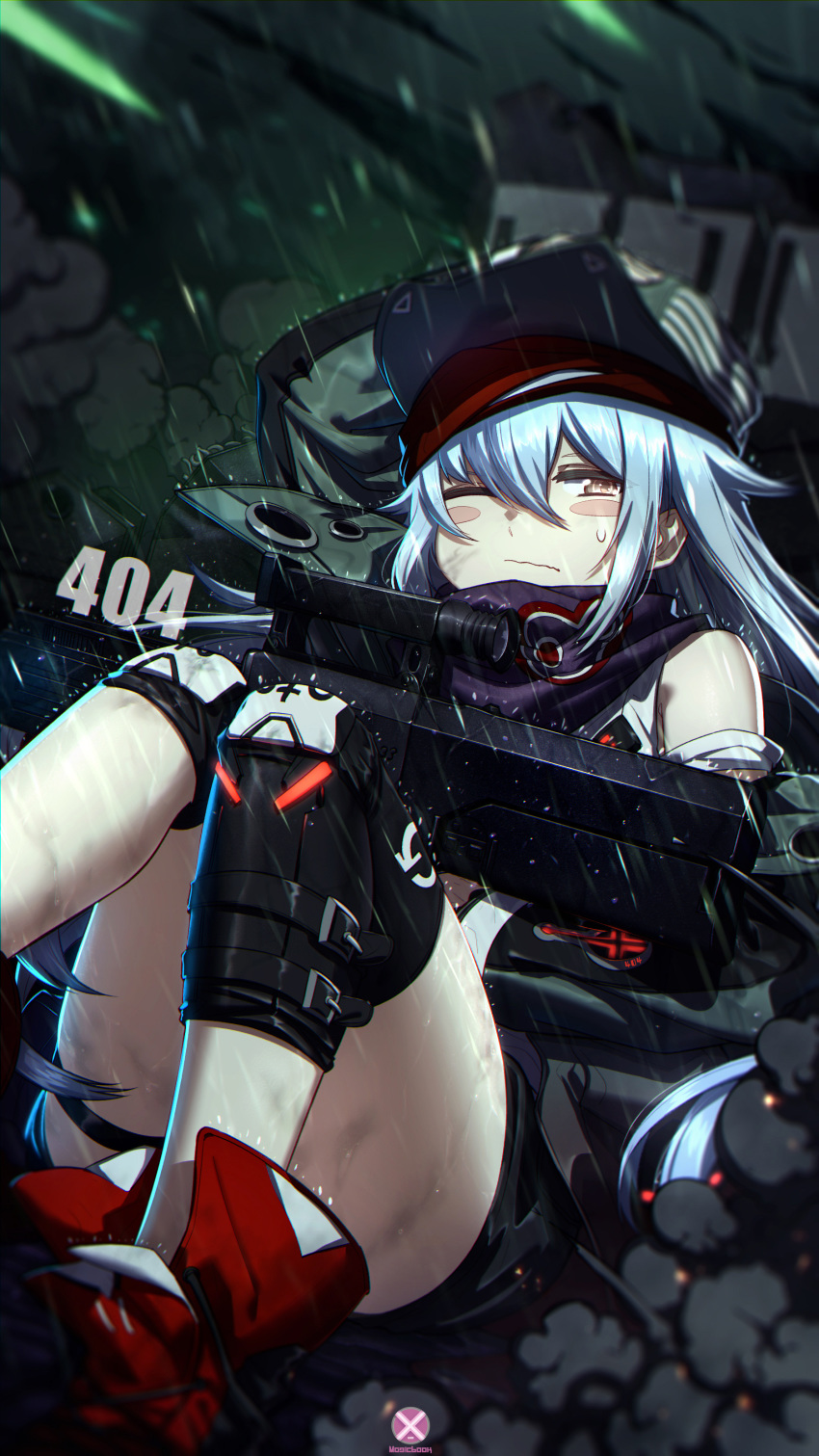 absurdres artist_logo assault_rifle bangs blurry blurry_background blush blush_stickers boots brown_eyes bullpup closed_mouth commentary_request convenient_leg dirty explosion eyebrows_visible_through_hair g11 g11_(girls_frontline) girls_frontline gun hair_between_eyes hat heckler_&amp;_koch highres holding holding_weapon jacket knee_pads knees_together_feet_apart long_hair looking_at_viewer mahousho one_eye_closed open_clothes open_mouth rain rifle scarf scarf_on_head scope shin_strap shirt shorts shoulder_cutout sidelocks silver_hair single_legging sitting smoke solo sweatdrop thigh_strap very_long_hair weapon wet