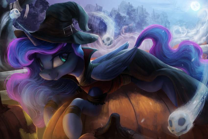 2018 absurd_res clothing equine feathered_wings feathers female feral food friendship_is_magic fruit ghost hat hi_res horn mammal my_little_pony outside princess_luna_(mlp) pumpkin skull spirit vanillaghosties winged_unicorn wings witch_hat