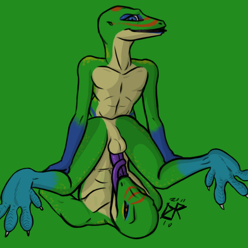 1:1 2011 anthro auto_penis_lick autofellatio autotonguejob balls blue_eyes brown_eyes digital_media_(artwork) duo erection gecko genitals green_background hi_res ldr licking lizard long_tongue male male/male masturbation nisse nude oral oral_masturbation oral_penetration penetration penile penile_masturbation penis purple_penis purple_tongue reptile rezz scalie self_lick sex simple_background tongue tongue_out