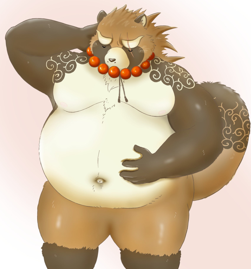 2018 anthro belly canine eyes_closed gyobu humanoid_hands jinku_56 male mammal moobs navel overweight overweight_male scar simple_background solo tanuki tokyo_afterschool_summoners