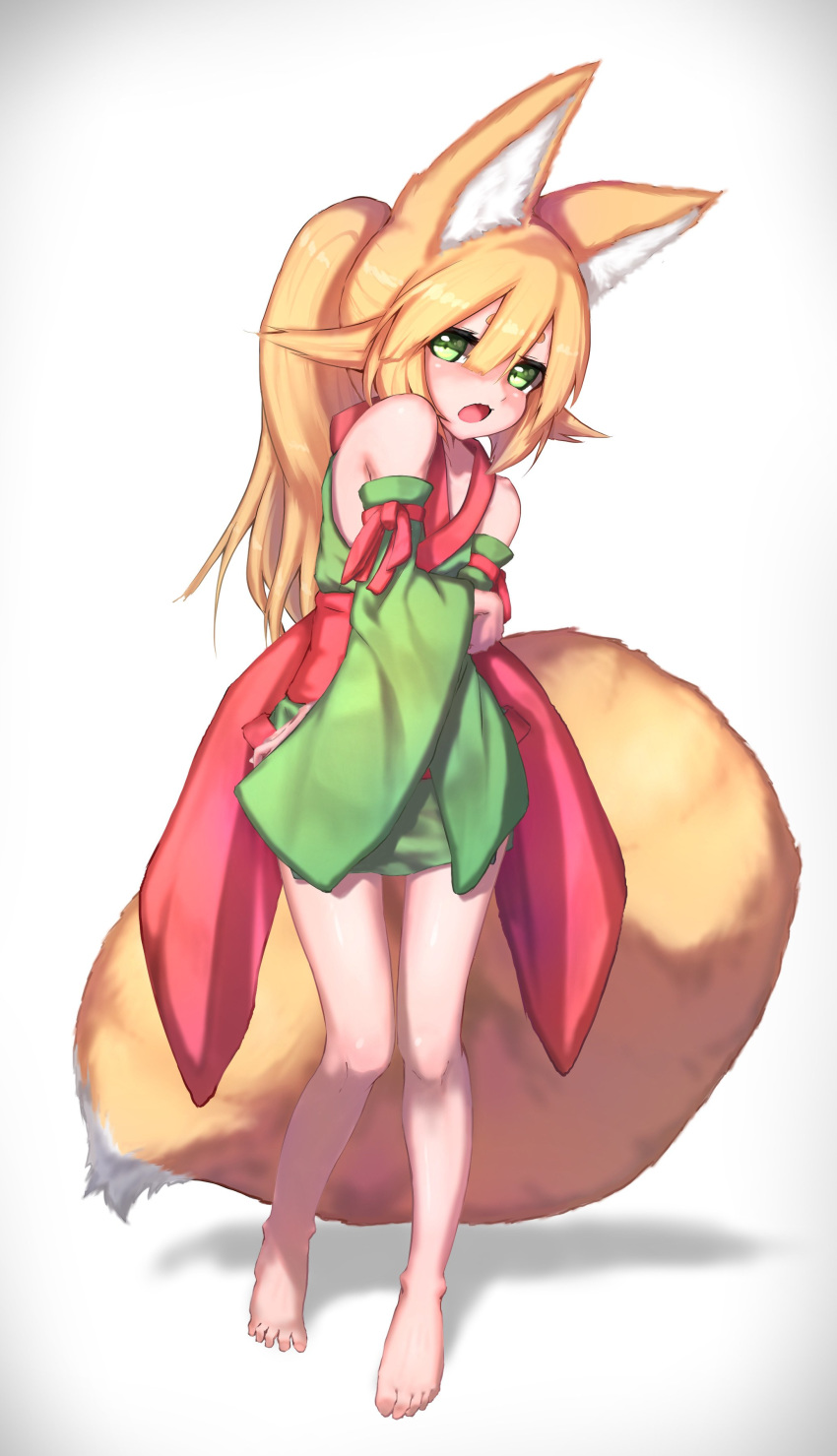 absurdres akatsuki_urara animal_ear_fluff animal_ears bangs bare_shoulders barefoot blonde_hair blunt_bangs blush commentary_request crossed_arms detached_sleeves embarrassed fox_ears fox_tail fukutchi full_body green_eyes hair_between_eyes highres japanese_clothes kimono large_tail looking_at_viewer original ponytail ribbon short_kimono short_yukata simple_background solo standing tail yukata