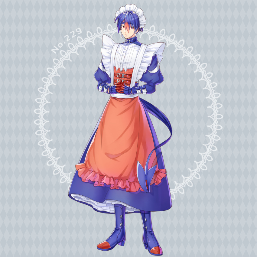 alternate_color apron arm_belt belt blue_dress blue_footwear blue_gloves crossdressing dress earrings full_body gloves grey_background hair_between_eyes highres houndoom jewelry kasuka108 looking_at_viewer maid maid_headdress male_focus neck_belt personification pokemon puffy_sleeves red_apron red_eyes shiny_pokemon simple_background standing tail thick_eyebrows