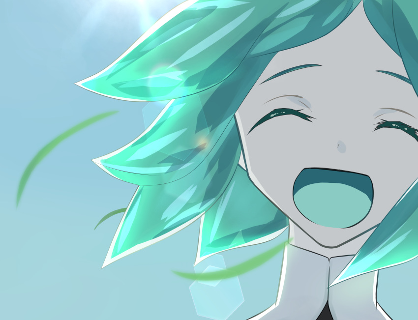 1other absurdres androgynous aqua_hair colored_eyelashes crystal_hair eyes_closed face green_hair happy highres houseki_no_kuni open_mouth phosphophyllite short_hair smile solo white_skin