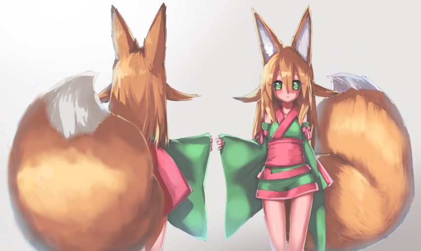 akatsuki_urara animal_ear_fluff animal_ears arms_at_sides bare_legs blonde_hair commentary_request detached_sleeves fox_ears fox_tail fukutchi hair_between_eyes highres japanese_clothes kimono large_tail long_hair looking_at_viewer modeling obi original sash short_kimono short_yukata standing tail thigh_gap yukata