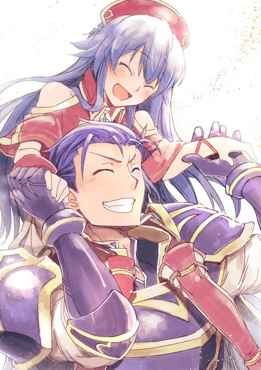 1girl armor blue_hair carrying closed_eyes commentary_request father_and_daughter fire_emblem fire_emblem:_fuuin_no_tsurugi fire_emblem:_rekka_no_ken fire_emblem_heroes gauntlets grin hat hector_(fire_emblem) highres holding_hands lilina long_hair nakabayashi_zun open_mouth red_hat short_hair shoulder_armor shoulder_carry simple_background smile white_background