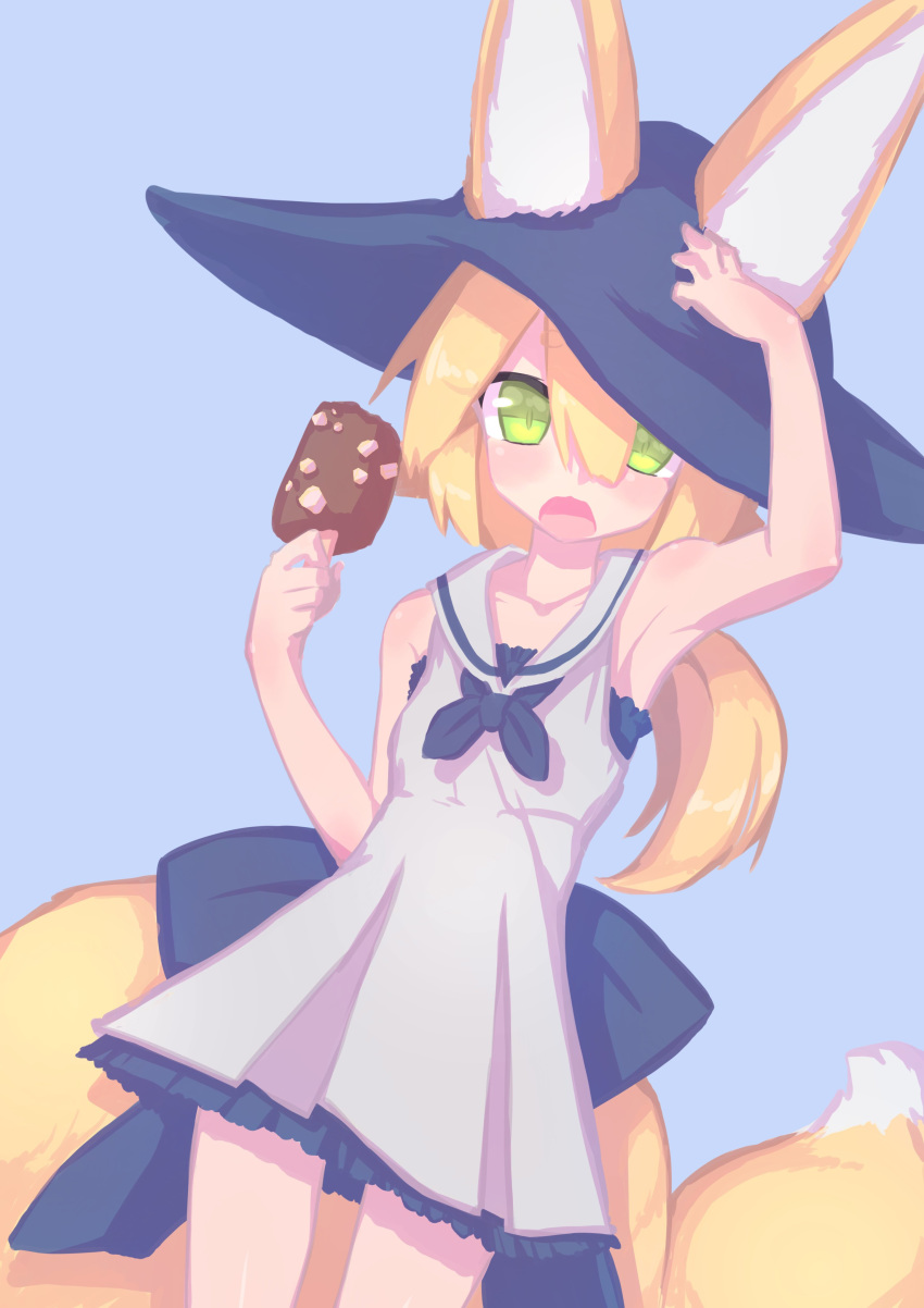 absurdres akatsuki_urara animal_ear_fluff animal_ears armpits bangs bare_shoulders blonde_hair blunt_bangs commentary_request cowboy_shot dress food fox_ears fox_tail frilled_skirt frills fukutchi green_eyes hair_between_eyes highres ice_cream ice_cream_bar looking_at_viewer original ponytail ribbon sailor_collar sailor_dress simple_background skirt sleeveless solo standing tail