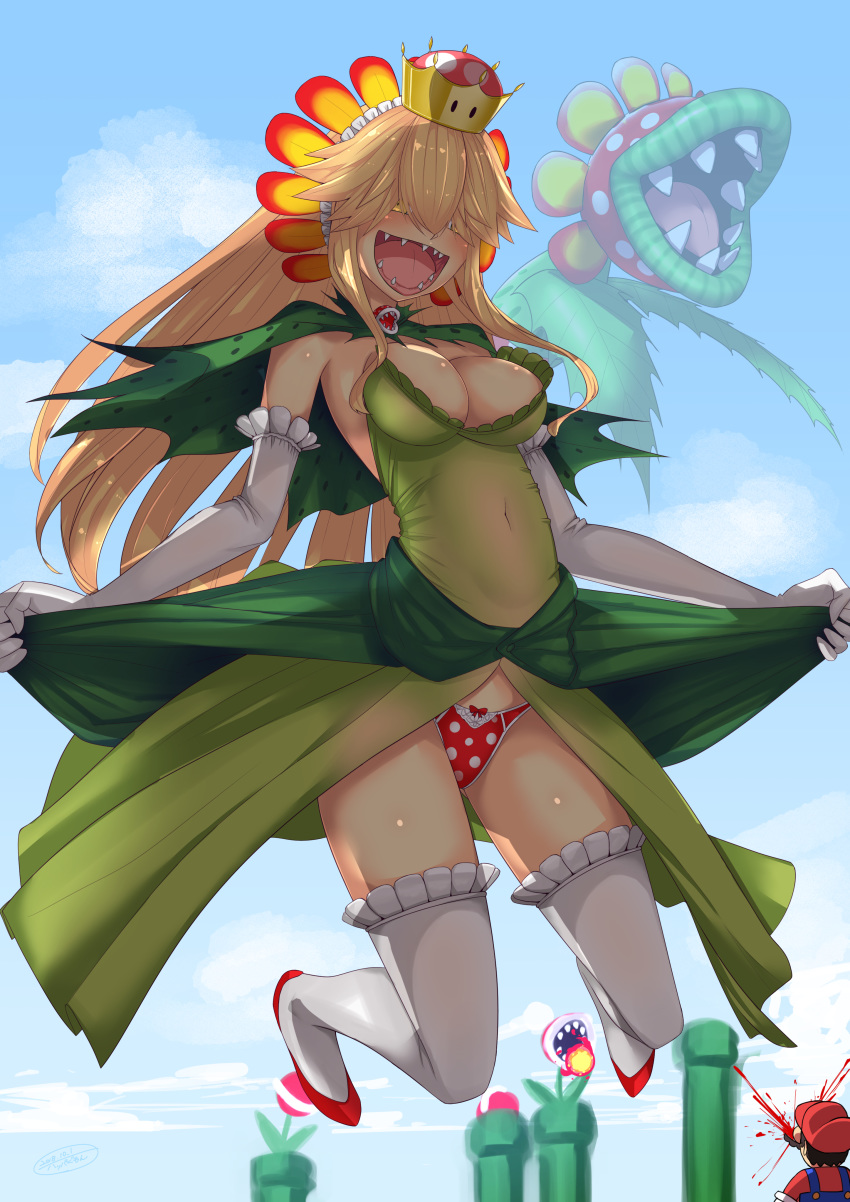 1girl :d absurdres blood blue_sky breasts bridal_gauntlets covered_navel crown day dress facial_hair fireball giantess gloves green_capelet green_dress hair_over_eyes happa_gumon highres jumping large_breasts lifted_by_self mario mario_(series) mustache nosebleed open_mouth panties petey_piranha piranha_plant polka_dot polka_dot_panties sharp_teeth size_difference sky smile solo_focus standing super_crown super_mario_bros. teeth thighhighs underwear warp_pipe white_gloves yellow_eyes