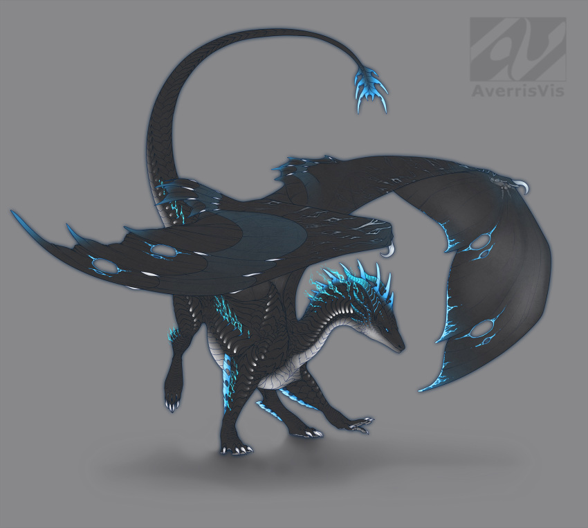 2017 ambiguous_gender averrisvis black_scales blue_eyes claws detailed_scales digital_media_(artwork) dragon feral full-length_portrait horn membranous_wings portrait scales scalie simple_background solo spines standing western_dragon wings