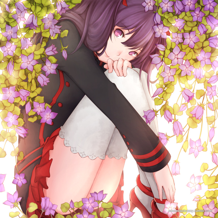 bangs black_jacket commentary d.gray-man double_horizontal_stripe english_commentary eyebrows_visible_through_hair flower hair_ornament head_rest head_tilt high_heels highres jacket knees_up legs lenalee_lee long_hair long_sleeves looking_at_viewer purple_eyes purple_flower purple_hair red_footwear red_skirt shirasame skirt solo thighhighs white_legwear