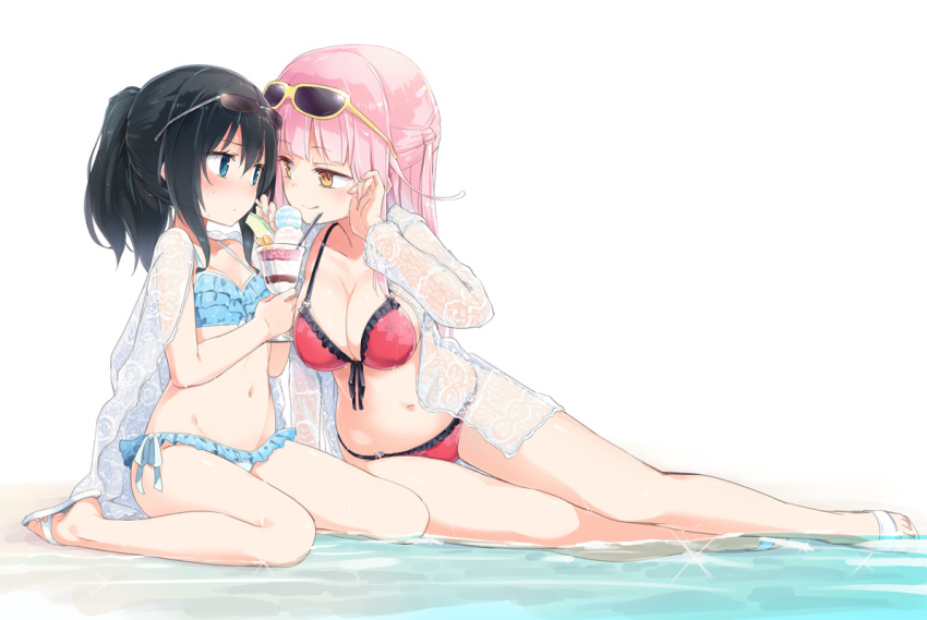 2girls bikini black_hair blue_eyes homura_subaru ice_cream long_hair navel original pink_hair ponytail sunglasses swimsuit water yellow_eyes