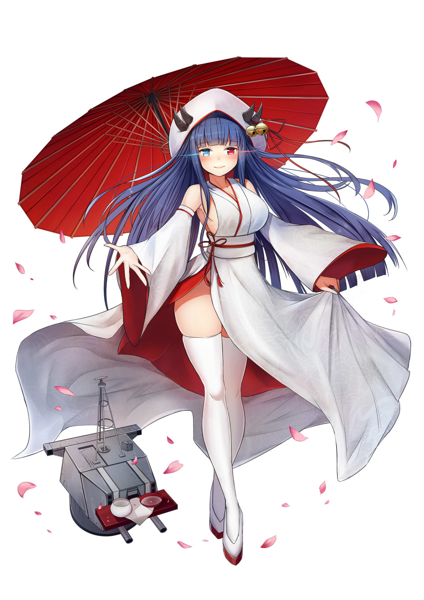 absurdres alcohol azur_lane bell blue_eyes blue_hair breasts character_name commentary_request copyright_name cup detached_sleeves fou_zi glowing glowing_eyes heterochromia highres hood horn_bell horns ibuki_(azur_lane) japanese_clothes jingle_bell kimono large_breasts long_hair looking_at_viewer oriental_umbrella petals red_eyes sakazuki sake side_slit solo thighhighs thighs turret umbrella white_legwear wide_sleeves