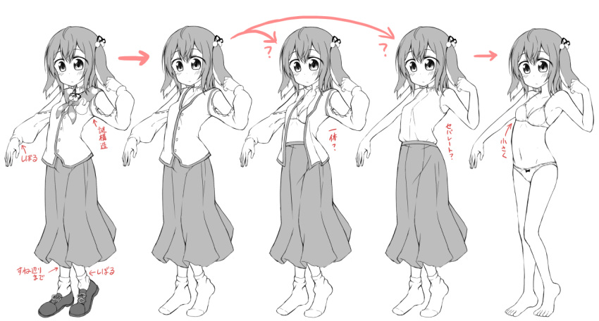 ? animal_ears animare bangs bare_arms bare_legs bare_shoulders barefoot blush bow bow_panties bra breasts cleavage closed_mouth directional_arrow dog_ears eyebrows_visible_through_hair greyscale hair_between_eyes hair_ribbon hand_up haneru_channel haneru_inaba long_sleeves monochrome multiple_views no_shoes panties pleated_skirt puffy_long_sleeves puffy_sleeves ribbon shirt shoes simple_background skirt sleeveless sleeveless_shirt small_breasts socks standing translation_request tsunsuki_(naobe009) underwear virtual_youtuber white_background